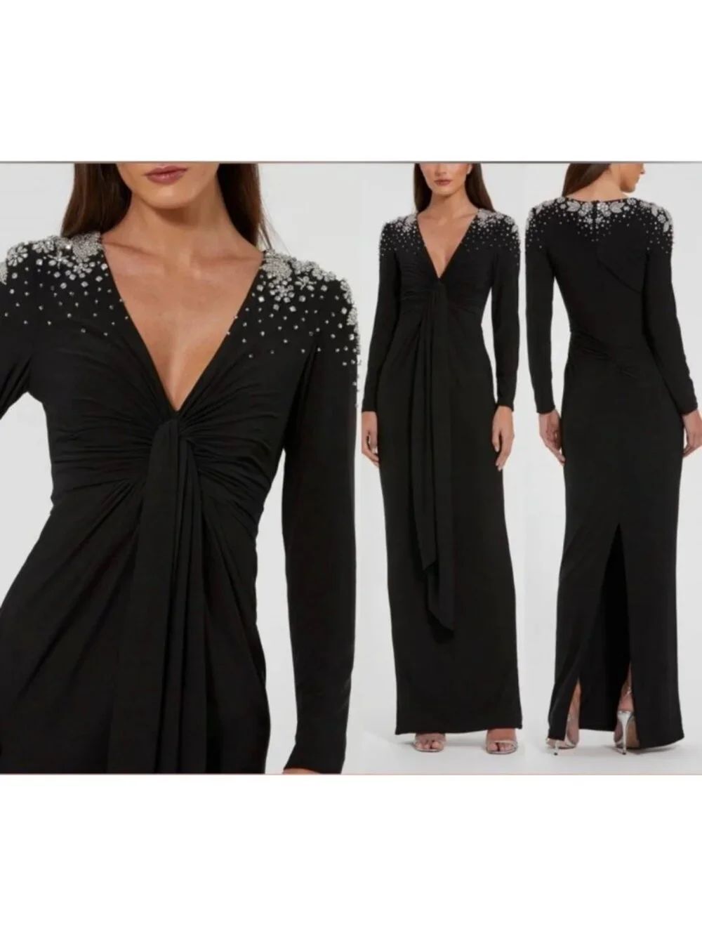 Mac Duggal Black Jersey V-Neck Faux Knot Gown with Beaded Shoulders Size XS